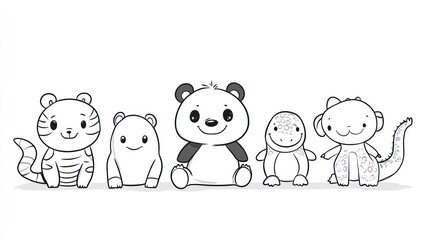 Cute cartoon animals, sitting in a row, simple line art, for children's book or educational material