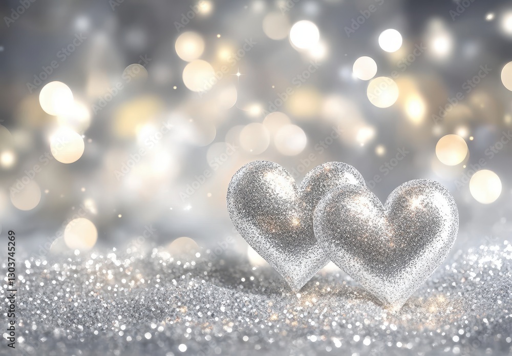 Aufkleber glittering silver hearts on a shimmering background with sparkling bokeh effect ideal for romantic a