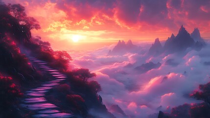Sunrise Stairway to Heaven, Mountaintop, Fantasy Cloudscape