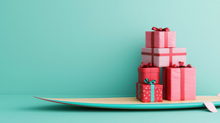 Christmas in July Santa. Colorful gift boxes stacked on a surfboard against a turquoise background.