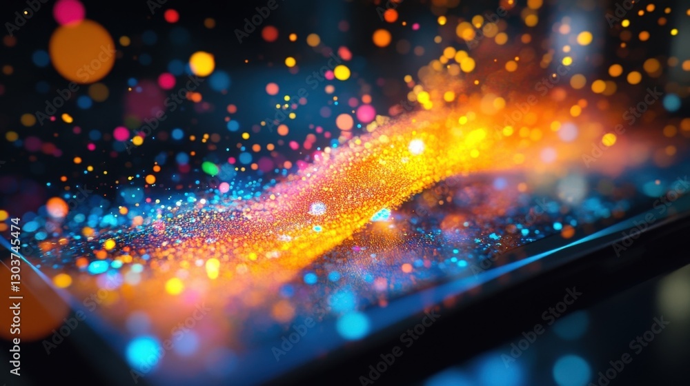 Poster colorful particles are flowing on a glass surface, creating a mesmerizing visual effect enhanced by 