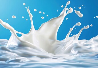 High-Speed Splash of Fresh Milk with Fine Droplets Against a Bright Blue Background for Creative Food and Beverage Photography