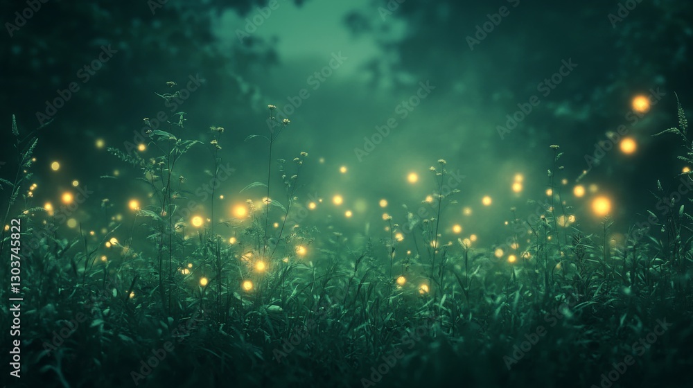 Poster illuminated field of grass with sparkling orbs in the evening