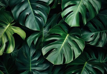 Fototapeta premium Lush Green Tropical Monstera Leaves for Natural Decor, Backgrounds, and Botanical Designs in a Serene and Vibrant Atmosphere