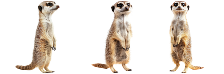 Three meerkats standing upright on a white background.