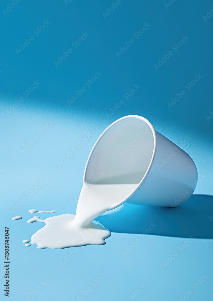 Aufkleber milk spilling from a white cup on a bright blue background with soft lighting and dynamic texture, c