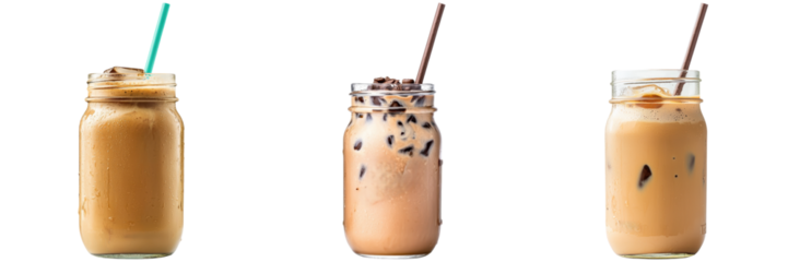 Three mason jars filled with iced coffee. Refreshing summer drinks.