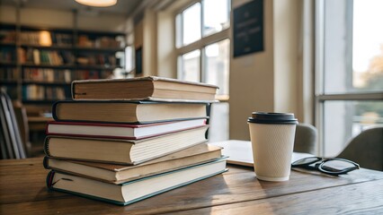 Cozy Reading Corner: A stack of books and a cup of coffee sit invitingly on a wooden table, suggesting a tranquil reading experience. Natural light streams in from a nearby window.