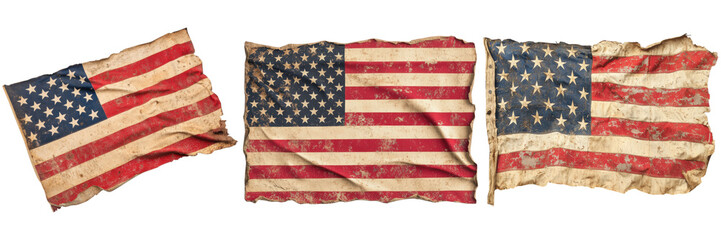 Fototapeta premium Set of three distressed American flags. Concept of patriotism, history, and Americana.