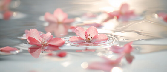 Floating cherry blossom petals on a reflective water surface, symbolizing the fleeting beauty of spring