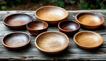 Assorted handcrafted wooden plates arranged on a rustic wooden surface displaying natural textures and colors