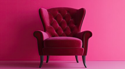 A chic wingback guest chair in velvet burgundy, set symmetrically against a vibrant pink background