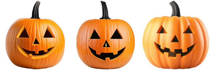 Fototapeta premium Three carved Halloween pumpkins with smiling faces. Halloween concept.