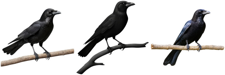 Fototapeta premium Three crows perched on branches. Black birds on branches.