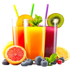 Refreshing fruit juice glasses with colorful straws and fresh fruit