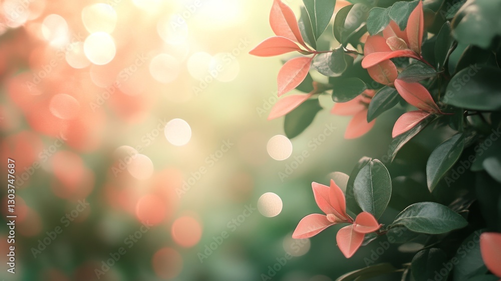 Poster green and red leaves with soft bokeh background create a warm scene