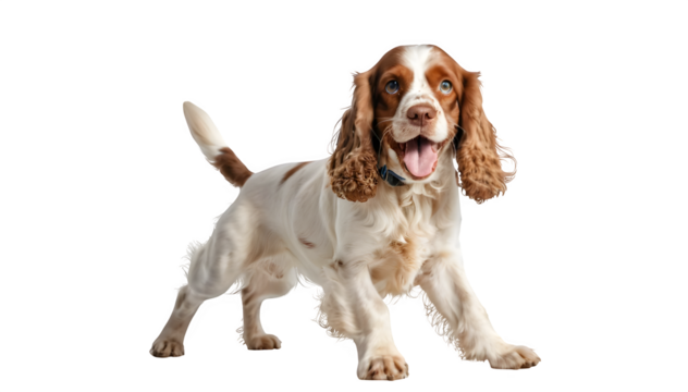 Cute little white and brown dog is all about fun, playing around and showing off its happy side on a bright white background. It’s a perfect snapshot of pure joy!