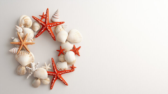 Christmas in July Santa. Seashell wreath decorated with starfish on a neutral background.