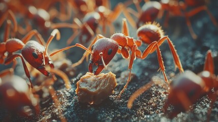 Intense macro detail of red fire ants working together to carry pieces of peanut butter, highlighting their shiny exoskeletons