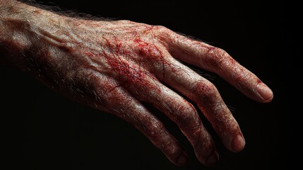 Fototapeta premium Detailed close-up of an itchy, scratched hand with red swollen mosquito bite marks, nails leaving visible trails on irritated skin