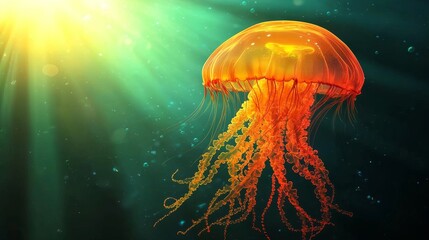 Jellyfish with intricately detailed tentacles glowing softly, gently illuminated by rays of sunlight streaming through clear ocean water, photorealistic style