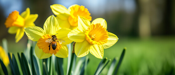 Obraz premium A close-up of a bee collecting nectar from a bright yellow daffodil, celebrating spring