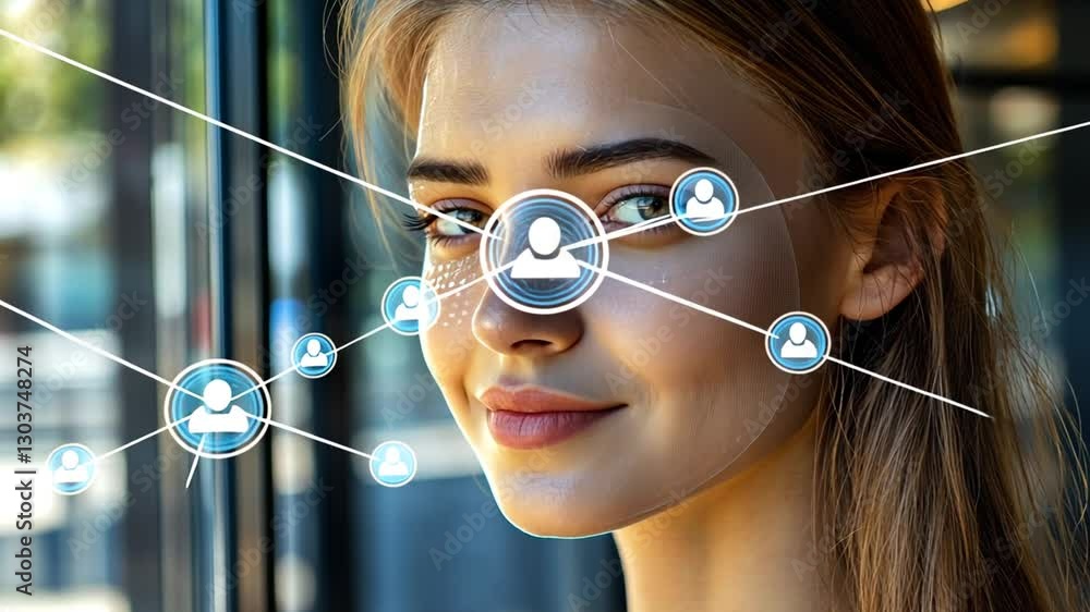Poster young woman with digital interface display showing facial recognition data overlay