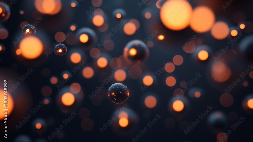 Poster glowing spheres and bokeh lights float against a dark backdrop