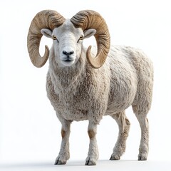 Ram animal isolate on white background. Ram with horns. Natural sheep wool.