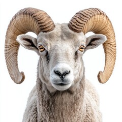 Ram animal isolate on white background. Ram with horns. Natural sheep wool.