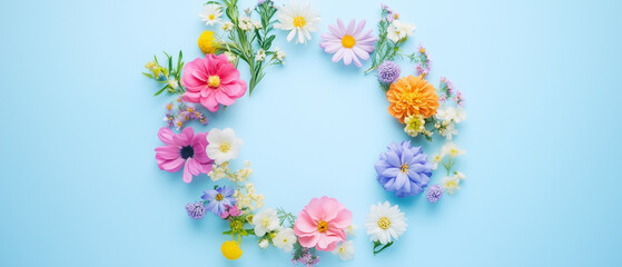 Soft pastel spring flowers arranged in a circle on a light blue background, top view