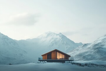 Modern wooden chalet nestled in a breathtaking snowy mountain landscape