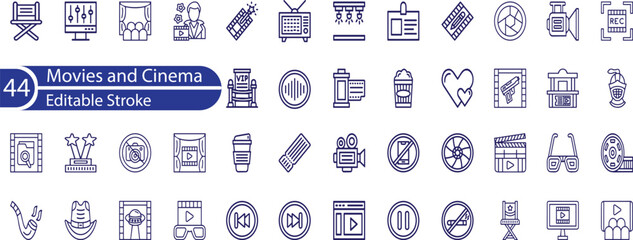 Set of 44 Cinema line icons set. Cinema outline icons with editable stroke collection. Includes Theatre, Film, 4k, 3D, Acting, and More.