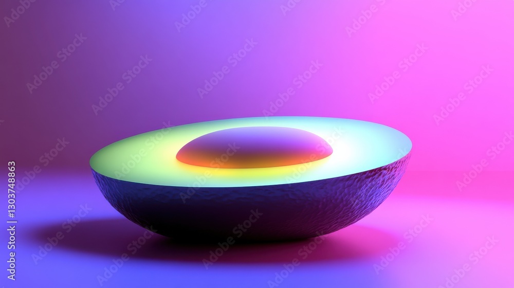Poster futuristic avocado concept design featuring a vibrant gradient neon backdrop highlighting the unique