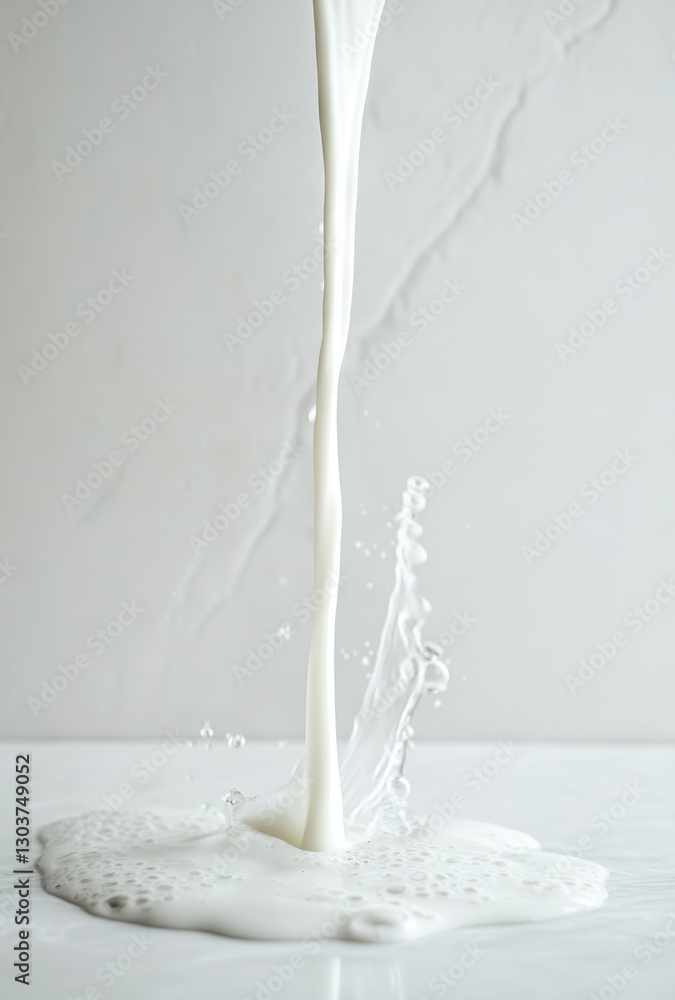 Poster smooth white milk pouring and splashing on a white surface with ripples and droplets creating a fres