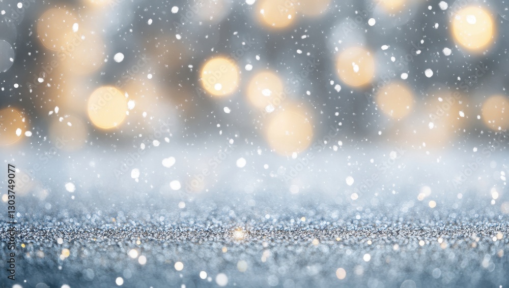 Poster snowfall on sparkling surface with blurred lights creating a dreamy winter wonderland atmosphere for