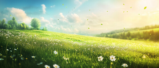 Fototapeta premium Rolling green hills covered in fresh grass and dotted with wildflowers, radiating spring energy