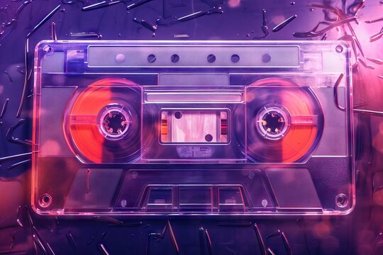 Retro cassette tape in neon purple and orange lighting. Nostalgic 80s music concept. Vintage audio technology with futuristic glow. Synthwave aesthetic background.