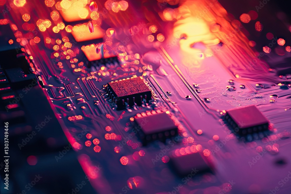 Poster closeup of illuminated circuit board showing integrated circuits and microchips