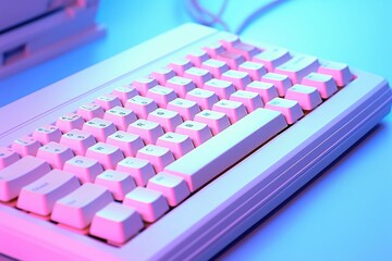 Retro computer keyboard bathed in neon pink and blue light. Synthwave aesthetic for gaming or technology design. Vintage electronics with modern cyberpunk vibe. 80s nostalgia concept.