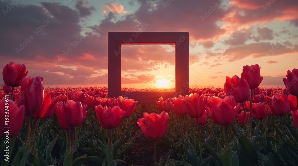 Poster red tulips in a field with a frame viewing sunset