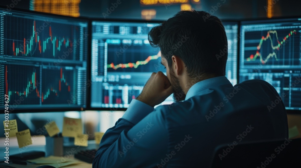 Poster financial analyst works late into the night, analyzing charts and graphs on multiple computer screen
