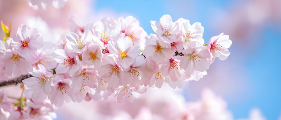 Fototapeta premium Cherry blossoms in full bloom against a clear blue sky, symbolizing the arrival of spring