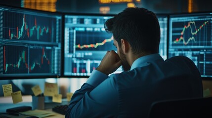 Financial analyst works late into the night, analyzing charts and graphs on multiple computer screens, making important investment decisions in a dimly lit office