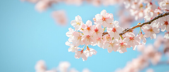 Obraz premium Cherry blossoms in full bloom against a clear blue sky, symbolizing the arrival of spring