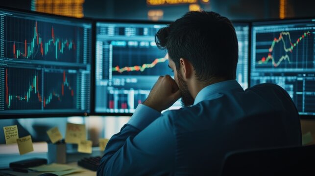 Financial analyst works late into the night, analyzing charts and graphs on multiple computer screens, making important investment decisions in a dimly lit office