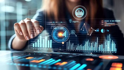 Businesswoman interacting with digital interface displaying financial data in modern office - Powered by Adobe