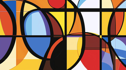 Fototapeta premium A vibrant abstract artwork featuring overlapping circles, squares, and lines in bold colors like red, yellow, blue, and orange.