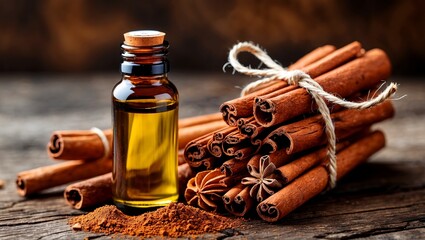 Cinnamon oil bottle beside bundled cinnamon sticks