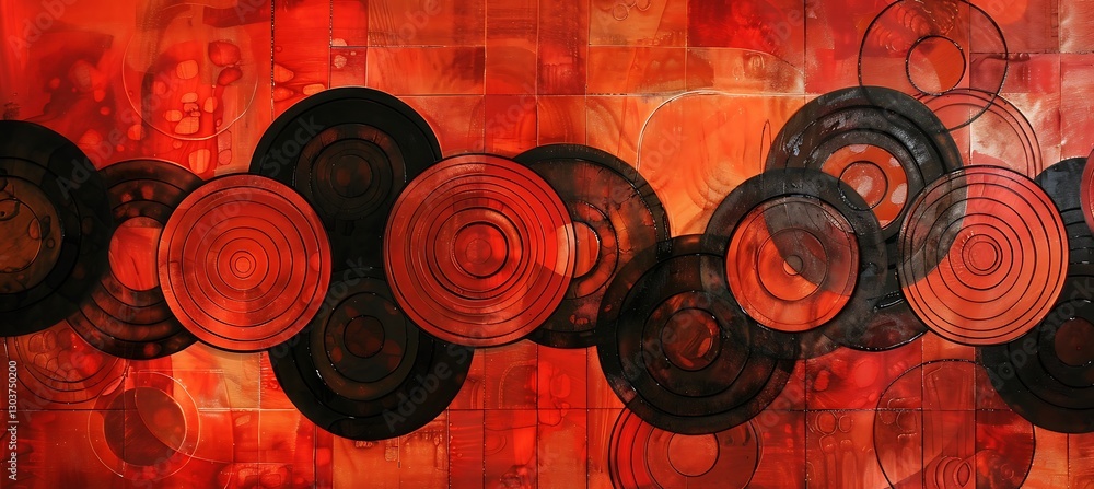 Poster vibrant red overlapping concentric circles background with a bold and striking abstract design